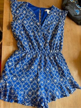 She + Sky Royal Blue Embroidered V-Neck Romper